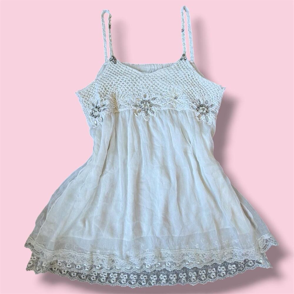 Coquette White lace babydoll tunic cami top with floral embroidery and beads